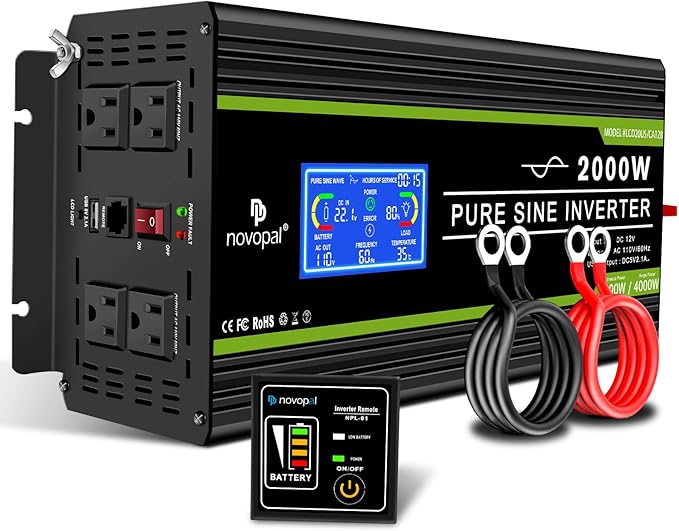 Novopal 2000 Watts Pure Sine Wave Inverter 24V DC to 120V AC Converter for Truck,Home, RV, Off-Grid Power Inverter 24V to 110V with LCD Display, Remote Controller Black