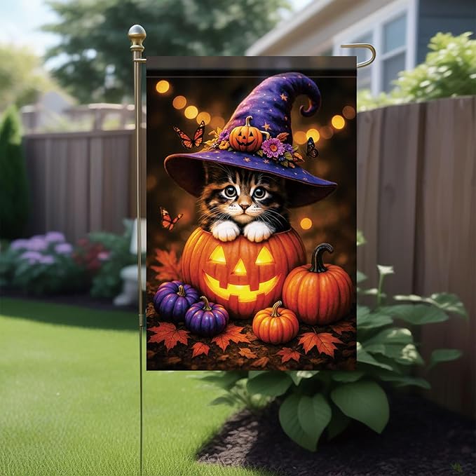 Fall Halloween Garden Flag Kitten Cat Flag 12x18 Inch Double-Sided Cute Pumpkin Witch Hat Yard Banner Autumn Outdoor Decor for Porch Lawn Pathway Cat Lover Holiday Gift