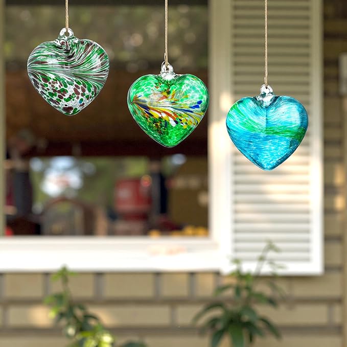 Set of 3 Green Blown Glass Heart Ornaments 4 Inch Hanging Decor for Outdoor Unique Home Garden Patio Decoration for Mom Wife