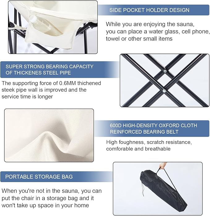 Oversized Portable Sauna Chair, Fast Folding Chair with Carrying Bag for Personal Home Sauna (White)
