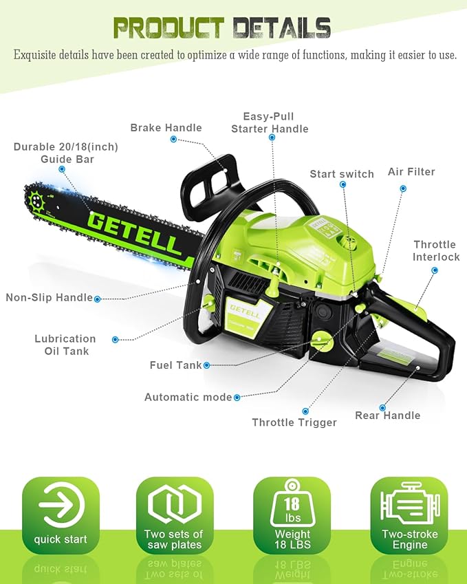 Professional 58cc Gas Powered Chainsaw with Quick-Switch Dual Bar 18/20 Inch System – Heavy Duty Chain Saw with Easy-Start for Tree Cutting, Limbing & Farm Use (GEL9902)