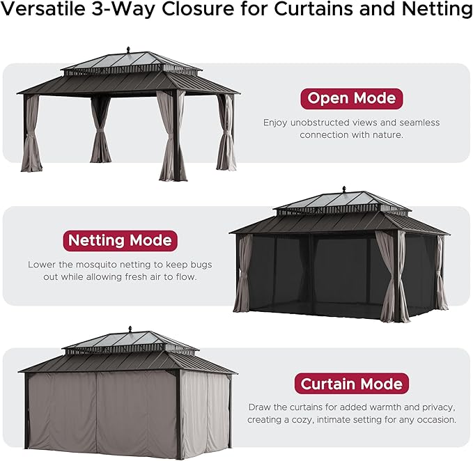 SUNJOY Kingston 16' x 12' Hardtop Gazebo with Galvanized Steel/Polycarbonate Double Roof, Curtain and Netting, Brown Aluminum Posts Permanent Pavilion Gazebo for Garden, Patio, Deck, Lawn