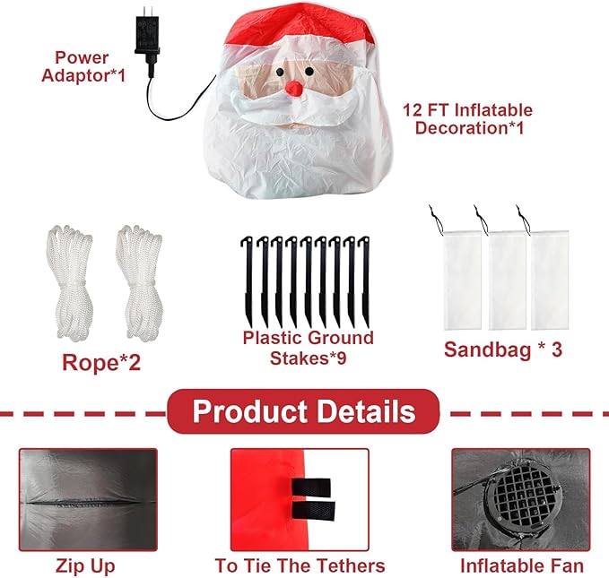 TURNMEON 12 Foot Super Giant Christmas Inflatable Santa Claus Christmas Decorations Outdoor, Blow Up Santa Holds Candy Cane with Built-in LED Lights Tethers Stakes for Yard Lawn Garden Xmas Decor Home