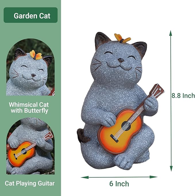 Cat Garden Statue Outdoor Decor, Cat Sculpture with Guitar and Butterfly for Yard Lawn Patio Balcony, Christmas Birthday Housewarming Gifts for Mom, Grandma, Women, 8.8 inch, Resin