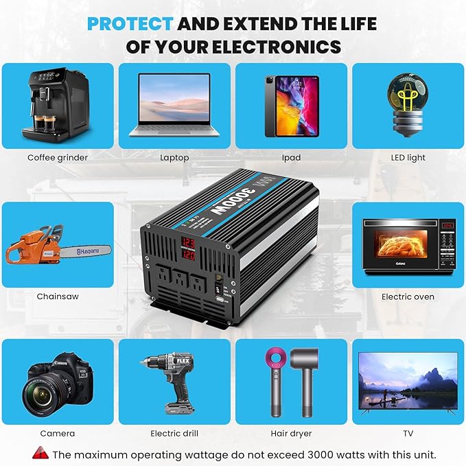 3000W Power Inverter Pure Sine Wave Inverter 12V DC to 110V AC Car Inverter with USB Ports,3 AC Outlets, LCD Display, Remote Controller for Car, Truck, Home, Vehicles, Boat, Power Outage