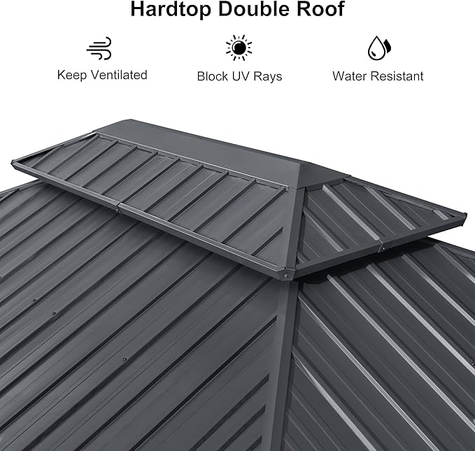 PURPLE LEAF 12' X 16' Permanent Hardtop Gazebo Outdoor Aluminum Gazebo with Heavy Duty Galvanized Steel Double Roof for Patio Lawn Garden Aluminum with Netting and Curtains Grey