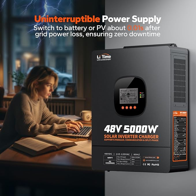 LiTime 5000W Solar Inverter Charger, 48V DC to 120V AC Pure Sine Wave Inverter, Parallel Split-Phase for 240V, Build in 100A MPPT Solar Charger Controller for Home Backup, Off-Grid, Farm