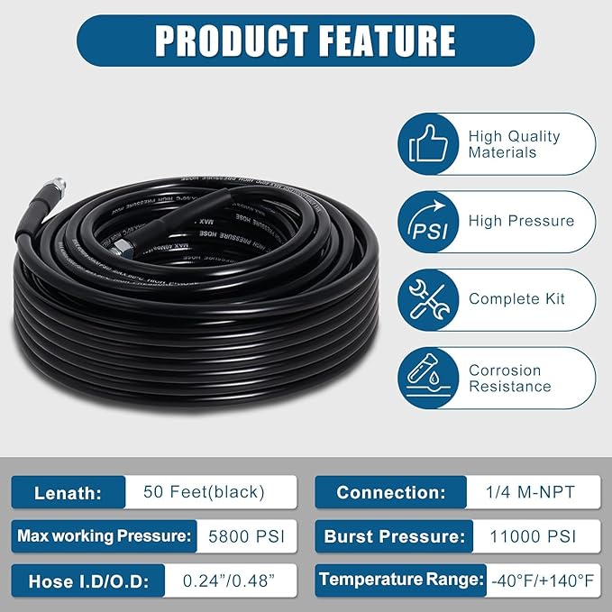 50FT Sewer Jetter Kit for Pressure Washer, 5800PSI Water Jet Durable Drain Cleaner Hose 1/4 Inch NPT Corner with 4 Specialized Nozzles，Waterproof Tape, Pearl Corsage Pin, Handle Strap & 2 Spanners