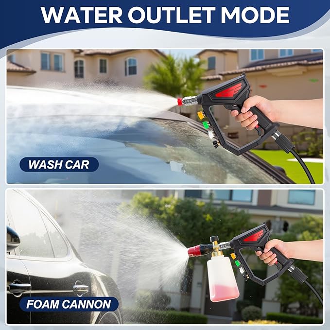 Short Pressure Washer Gun,5000 PSI High Power Washer Gun with 5 Spray Nozzle Tips, 3/8" Quick Connect Plug and M22-14/15mm Fittings, Compatible with Foam Cannon, Nozzle Tips Holder