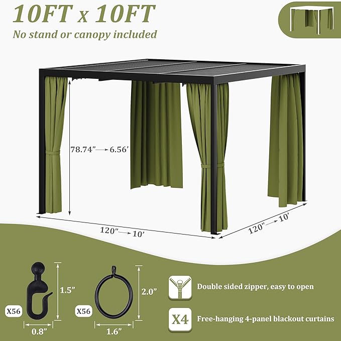Gazebo Universal Replacement Privacy Curtain,10'×10' Gazebo Outdoor Waterproof Curtains, 4-Panels Sidewall Curtains with Double Zipper for Patio Canopy, Garden and Backyard (Curtain Only)