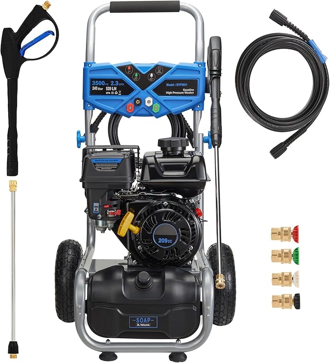Gas Pressure Washer, 3500PSI Gas Power Washers 209CC 2.3GPM High Pressure Washers with 25FT Hose, 4 Quick-Connect Nozzles, Soap Tank, Axial Pump, Portable Pressure Washer Gas Powered for Car