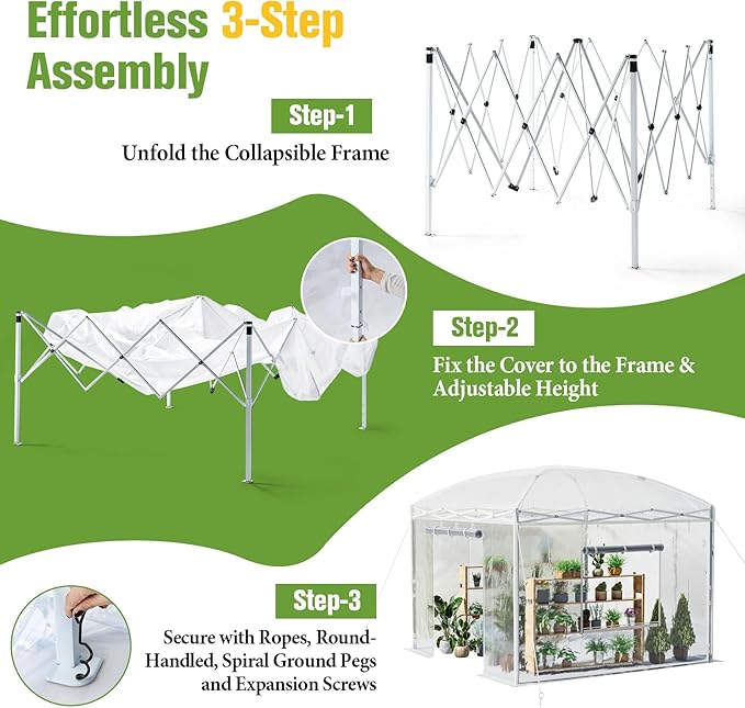 AMERLIFE 10×10×8.5 FT Pop-up Greenhouses for Outdoors Indoor with Adjustable Sturdy Frame, Portable Walk in Greenhouse with 2 Roll-up Zipper Doors, Windows and PE Cover, White