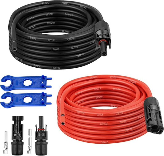 XRDS -RF Solar Extension Cable 10AWG, 20FT Red & Black Solar Panel Wire with Solar Connectors, PV Wire with Disconnect Wrenches & Extra Male/Female Connectors for RV, Camper, Inverter, Off-Grid System