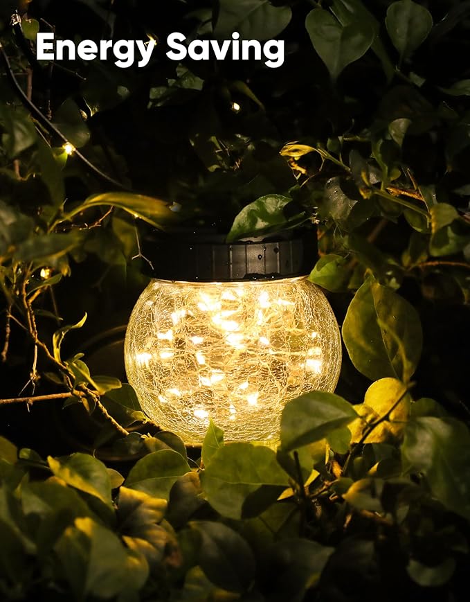 Solar Lanterns Solar Lights Outdoor Waterproof 6-Pack, Solar Powered Hanging Lights Cracked Glass Hanging Globes for Christmas Decoration, Shepherd Hook, Garden Tree Ornaments