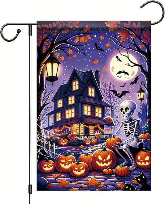 Halloween Garden Flag Skeleton Flag 12x18 Inch Haunted House Pumpkin Yard Banner Double Sided Outdoor Spooky Decor for Lawn Porch Patio Trick or Treat Holiday Seasonal House Decoration