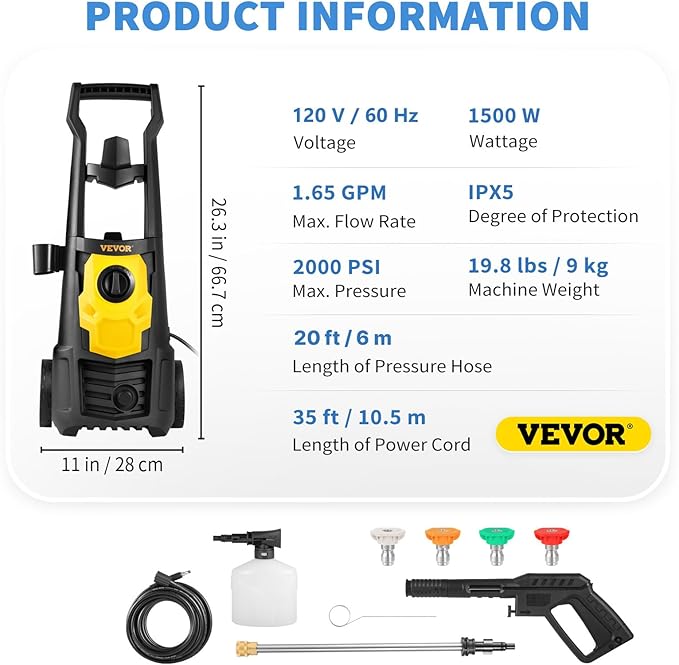VEVOR Electric Power Washer, 2000 PSI, Max 1.65 GPM Pressure Washer w/ 30 ft Hose & Reel, 5 Quick Connect Nozzles, Foam Cannon, Portable to Clean Patios, Cars, Fences, Driveways, ETL Listed