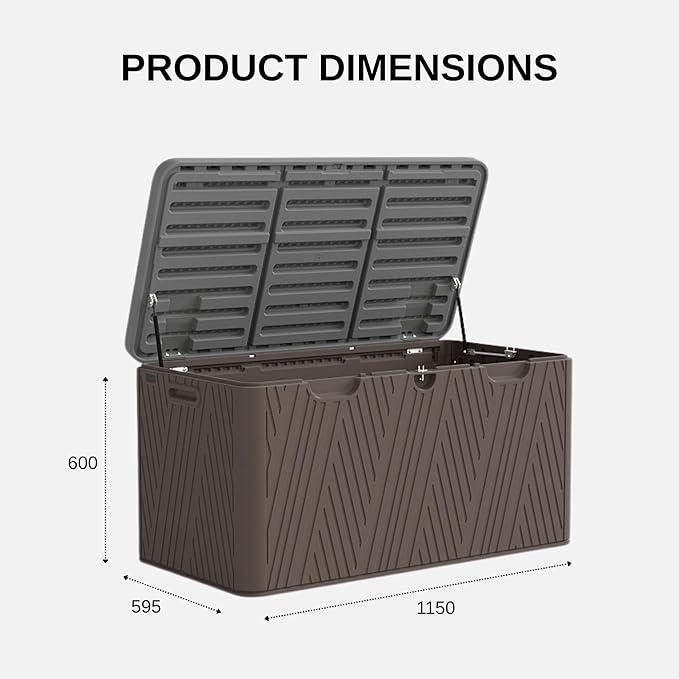 110 Gallon Outdoor Storage Box, Waterproof Patio Deck Box with Lockable Lid, Heavy-Duty HDPE Bench for Garden Tools, Cushions (Brown, 110 Gallon)