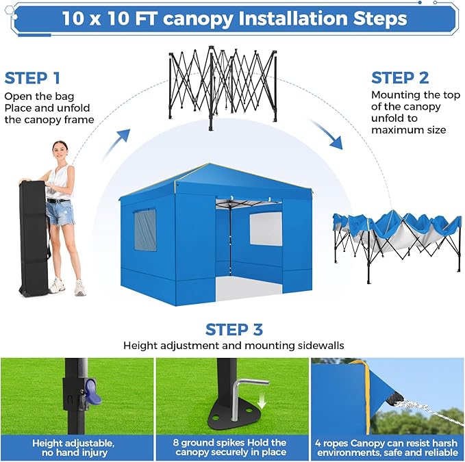 COBIZI Canopy Tent, 10x10 Pop Up Canopy Tent with Sidewalls and Roll-up Ventilated Windows with Mosquito net, Ez Outdoor Commercial Instant Gazebo Tent for Party Waterproof with Carrybag