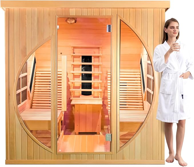 ZONEMEL Full Spectrum Infrared 2 Person Wooden Sauna Room with Recliner, Canadian Hemlock Luxury Indoor Sauna with 10 Heaters, Oxygen Bar, 3400 Watt, Infrared Therapy Wood Dry Heat Sauna, 220V