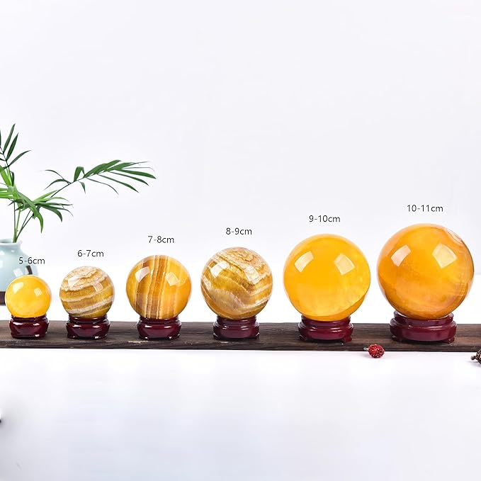 JIC Gem Large Yellow Fluorite Crystal Sphere Ball with Wooden Stand Yellow Healing Crystal Decorative Ball 90-100mm