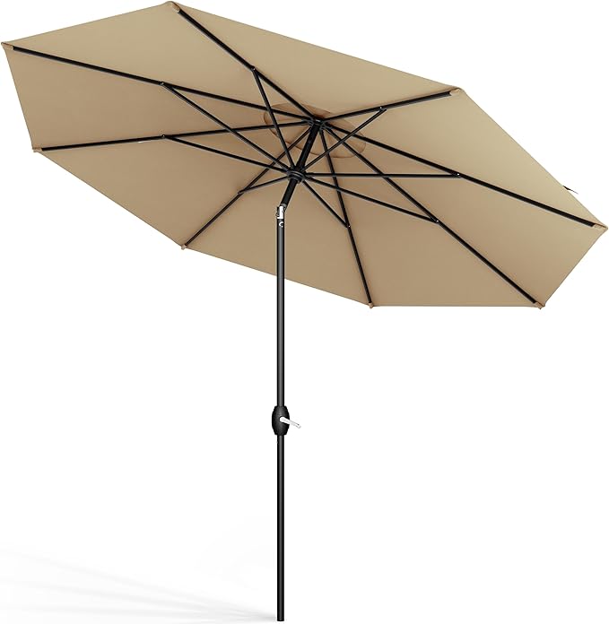 Midtown Umbrellas The Lean 10 Feet Outdoor Umbrella With Sunbrella Heather Tan Acrylic Fabric - 8 Ribs Aluminum Frame Patio Umbrella With Zinc Alloy Crank Lift And Auto-Tilt System