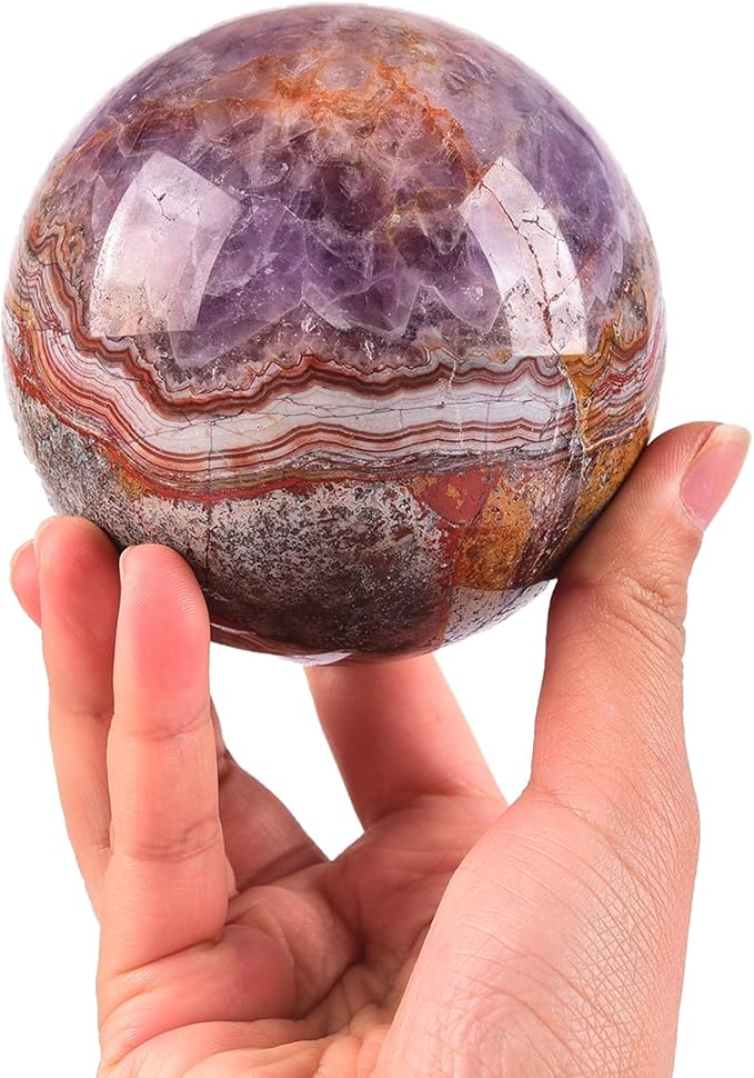 JIC Gem Large Amethyst Healing Crystal Sphere with Stand Amethyst Agate Crystal Decorative Ball for Home Decor Altar Reiki Healing Gift 80-90mm