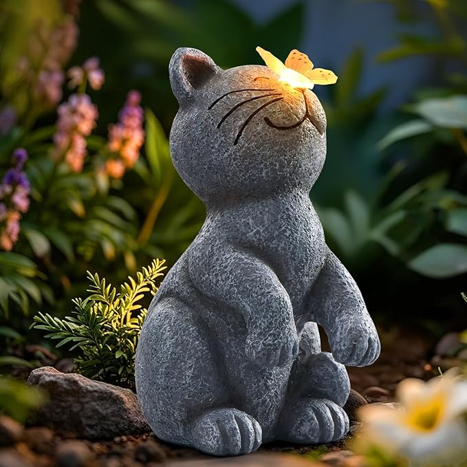 DyBaxa Solar Garden Décor, Garden Statues, Gifts for Women, Mom, Grandma, Patio, Balcony, Yard Decorations Outdoor - Unique Birthday & Housewarming Gifts, Cat Decor with Butterfly Light