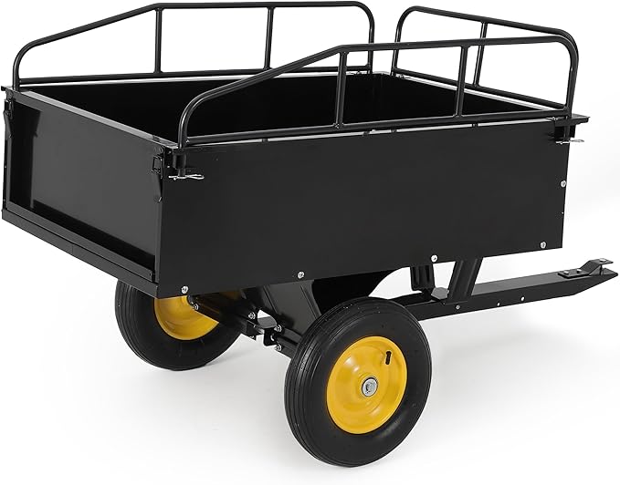 Heavy Duty ATV Dump Cart - Steel Tow Behind Trailer, 750 lbs, 15 Cubic Feet Garden Utility with Removable Sides