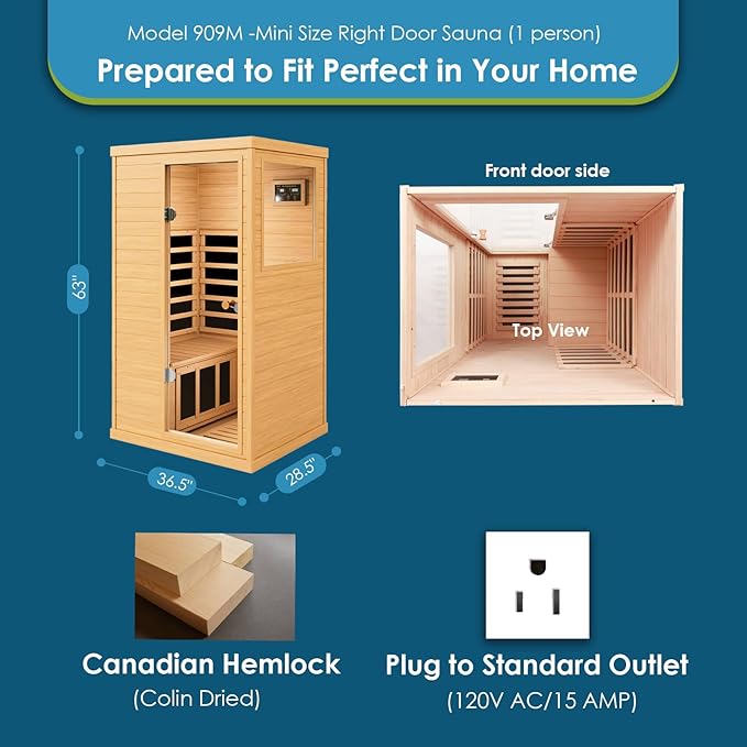 Saunas 909Mini Far Infrared Sauna, Indoor Dry Sauna (Hemlock Wood, 1 Person Mini Size Right Door)