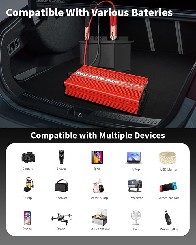 Inverter 3000W Car Power Inverters,12v DC to 110v AC Converter with USB and AC Outlets Power Inverter 3000Watts,Car Power Converter for Car Home Vehicles Laptop Trip