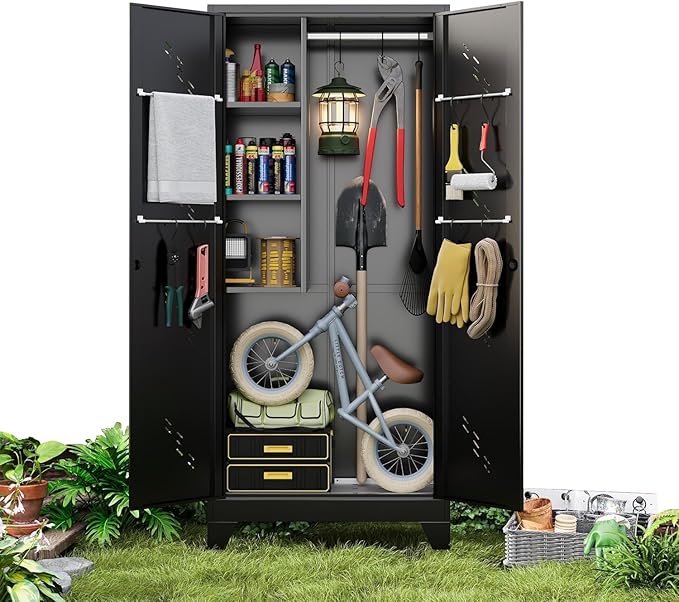 Storage Cabinet 1.4×2.8 FT, Metal Outdoor Sheds for Garden Tool Organization, Heavy Duty Storage Sheds with Lockable Doors and Vents for Backyard, Garden, Patio Lawn