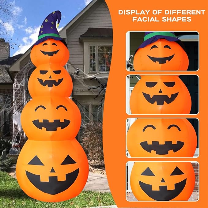 DearSun 12FT H Giant Halloween Inflatable Stacked Pumpkins with Witch's Hat, Blow up 4 Pumpkins Inflatable with Build-in LED Lights Outdoor Decorations Large Party Yard Decoration