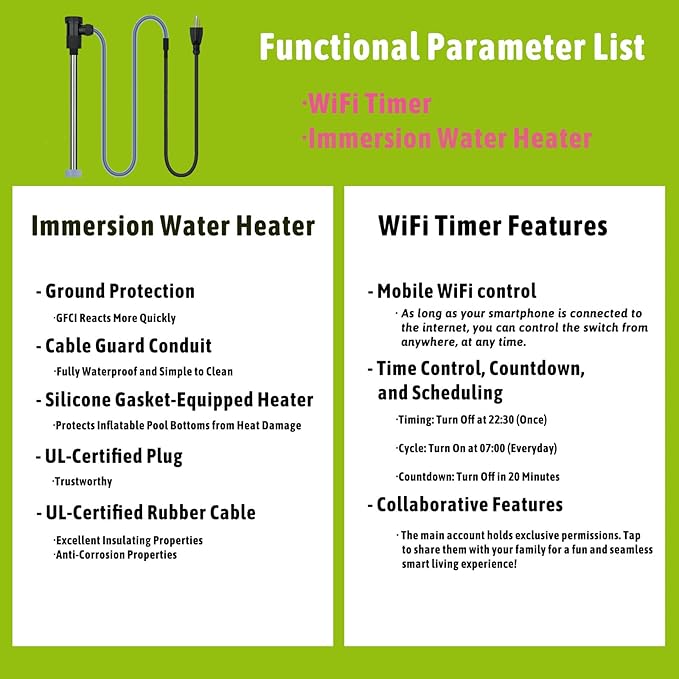 2000W Submersible Immersion Water Heater for Hot Tub & Pool – Portable Electric Heater with Wifi Timer Plug, and Auto Shut Off for Bathtub, Above Ground Pool, Baptism pool, and Baptistry