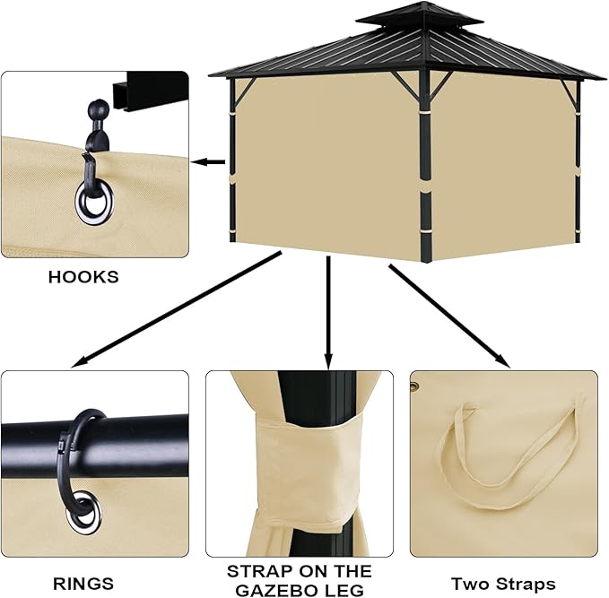 Gazebo Universal Replacement Privacy Curtain, 10'X10' Gazebo Curtains Outdoor Waterproof, 4-Panels Sidewall with Zipper for Patio, Garden and Backyard (Only Curtains, 10'X10', Khaki)