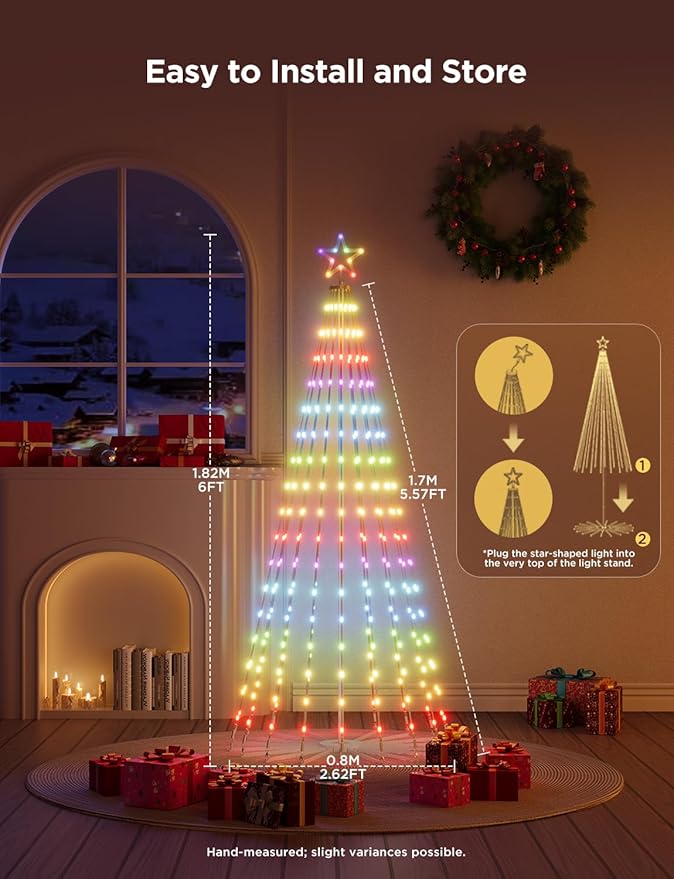Govee Christmas Cone Tree Lights, 6ft 316 LEDs RGBIC Christmas Tree Lights with Smart App Control, IP67 Waterproof Outdoor String Lights for Xmas Decorations, 82+ Scene Modes, Music Sync, White Stand