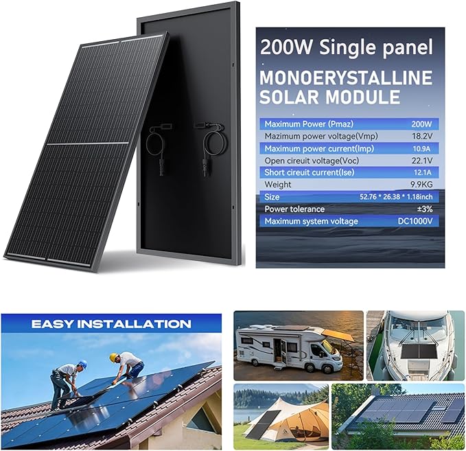 200 Watt Solar Panels Kit, 30A PWM Charge Controller 12V 200W Solar Kit System, Monocrystalline PV Module for RV Home Rooftop Camping Boats Trailer Vehicle Shed Off-Grid System (200W, Single Panel)