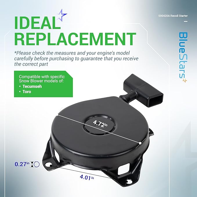 BlueStars 590420A Recoil Starter Assembly - for Tecumseh LAV TVS HS25-HS40 AH600 AV520 ECV HH TVXL105 HXL35 OVRM40 Snowblower - Replaces Tecumseh 590420 590458 590604 Stens 150-003 Oregon 31-051