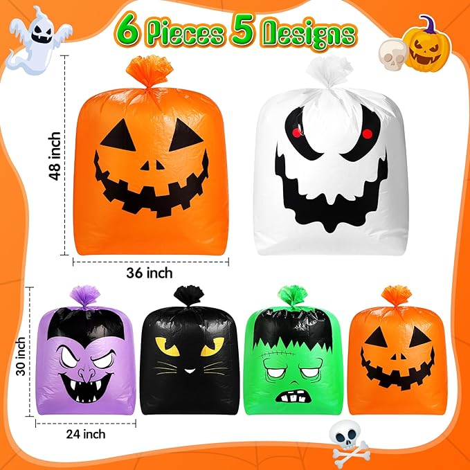 Qilery 6 Pcs Halloween Leaf Lawn Bags Plastic Pumpkin Trash Bags for Leaves with Twist Ties for Halloween Yard Garden Outdoor Party Favors Decorations