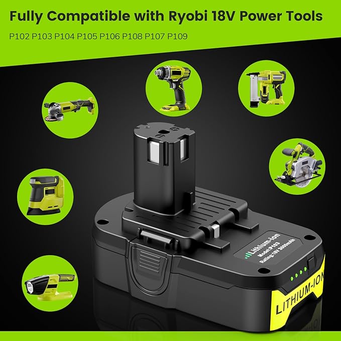 ARyee 3000mAh P108 Compatible with Ryobi Lithium Battery 18 Volt ONE+ P102 P103 P104 P105 P107 P108 P109 P190 P191 P122 with LED