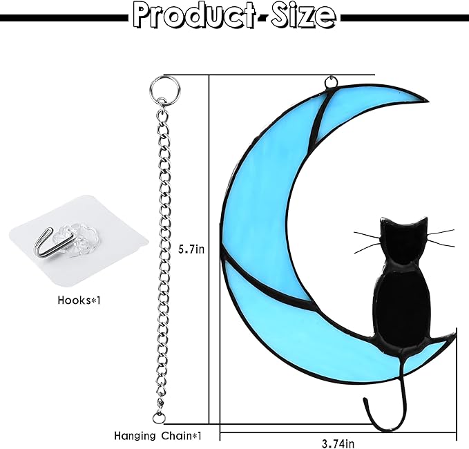 Cat Memorial Gifts Stained Glass Black Cat Decor Window Hanging Ornament Garden Suncatcher Gifts for Cat Lover Cat Gift for Women (Black Cat on Blue Moon)