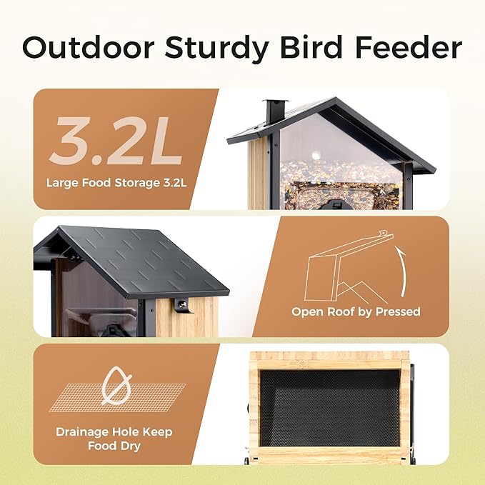 TT Nature Upgrade Squirrel-Proof Bird Feeder with Camera, Solar Powered, Smart AI Bird Species Recognition, Instant Notification, CCPA Data Security, Bamboo 3.2L Large Capacity, Ideal Gift