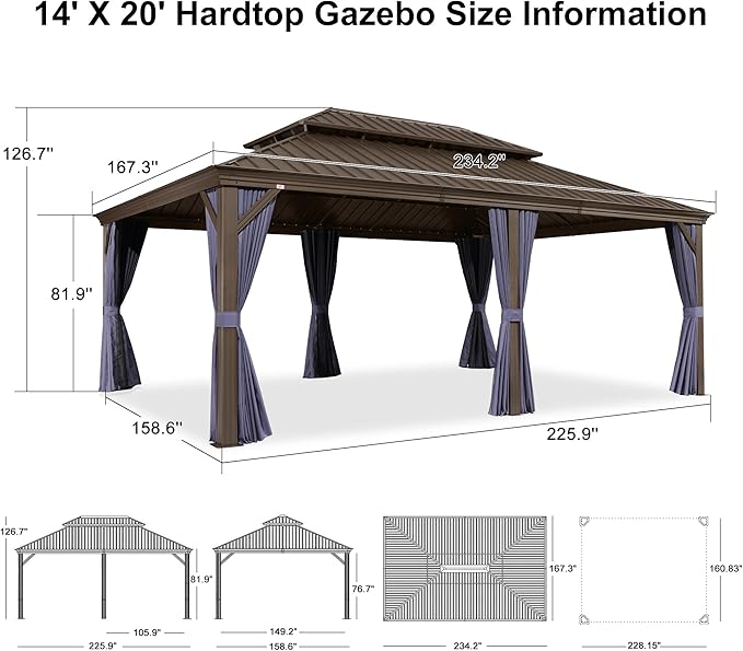 PURPLE LEAF 14' X 20' Outdoor Hardtop Gazebo Patio Wide Aluminum Frame Metal Double Roof with Heavy Duty Netting and Curtains for Permanent Hard Top Pavilion Screen, Navy Blue