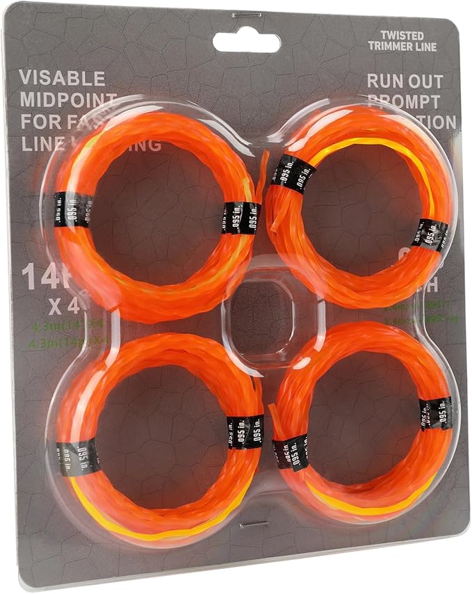 4 Pack String Trimmer Line Compatible with Ego String Trimmer 0.095" 56FT Weed Eater String Pre-Cut Dual Color Fast-Positioning Triangular Twisted Trimmer Line Universal Fit Weed Wacker String