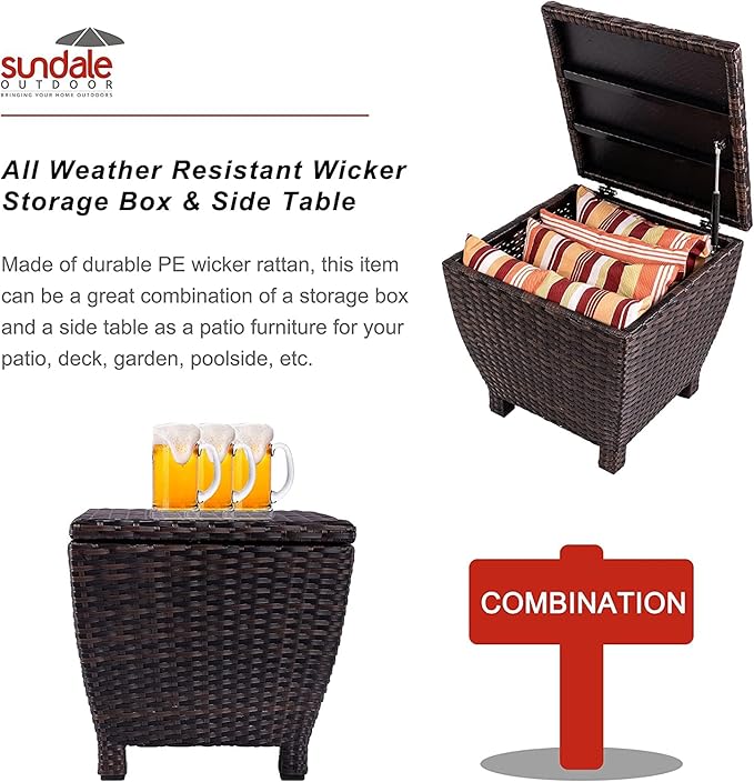 Outdoor Wicker Storage Box with Cover, 13 Gallon PE Rattan Deck Box for Outside with Waterproof Liner, Patio Storage Chest with Hinged Lid for Cushions, Pillows, Towels, Horizontal Bin, Brown