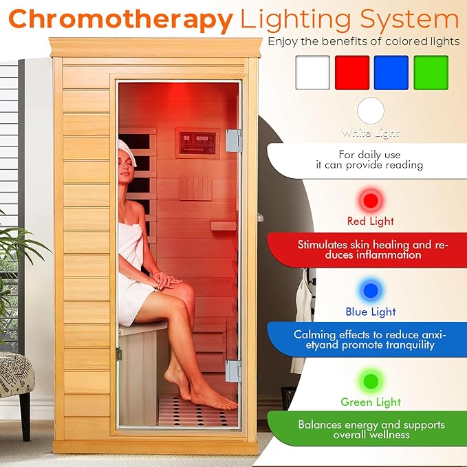 Far Infrared Sauna - 1 Person Infrared Sauna Red Light Therapy for Home, 850W 110V Canadian Hemlock Wood Saunas with Control Panel/Tempered Glass Door/Speakers, Mini Sauna Dry Room (Wood)