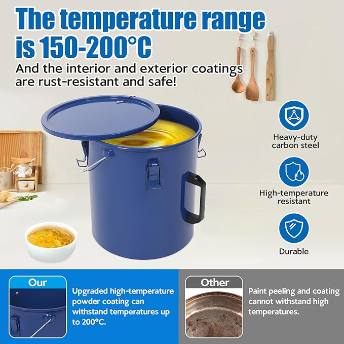 6 Gallon Commercial Fryer Oil Bucket with Lid, Fryer Grease Bucket, Coated Carbon Steel Fryer Oil Container with Rubber Seal, Rustproof, Leakproof, Filter Bag for Hot Cooking Oil Filteringm, Blue