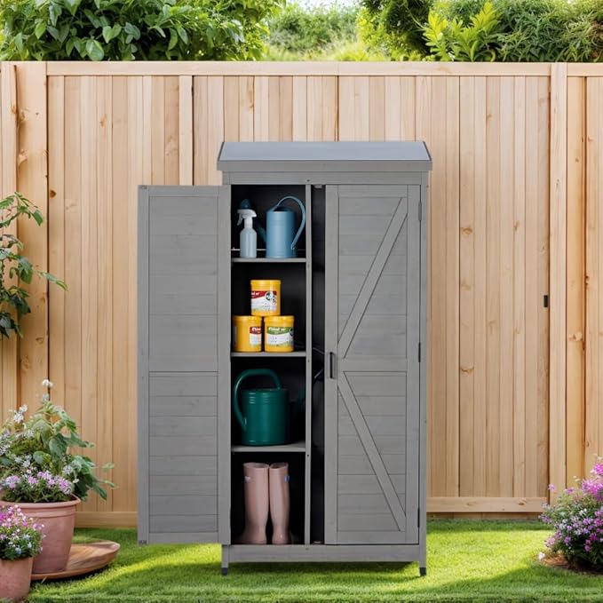 Stylish Grey & Solid Wood Outdoor Storage Shed – Durable Metal Top Vertical Tool Cabinet Ideal for Backyard, Garden, and Patio Organization