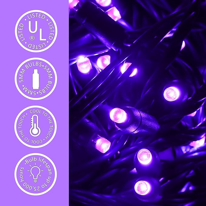 100 LED 5MM Purple Christmas Lights, 33FT Indoor/Outdoor String Light, Mini Lights for Garden, Patio, Christmas Trees - Green Wire, Commercial Grade, UL Listed