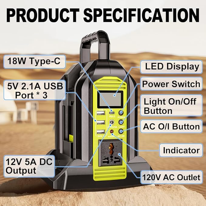 350W Power Inverter Compatible with Ryobi 40V Battery 4-Ports DC 40V to AC 110~120V Pure Sine Wave Battery Inverter with LED Light, USB-A Port,Type-C Port,DC Port for Camping Emergency Travel