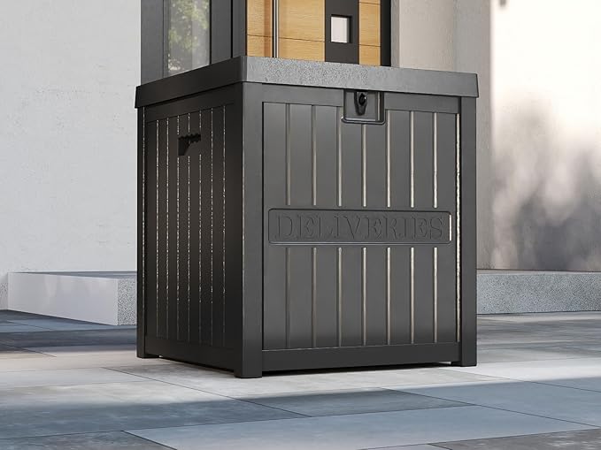 51 Gallon Resin Delivery Box for Outside, Lockable Secure Package Bin for Front Porch, Large Deck Boxes Outdoor Waterproof, Delivery Driver Snack Box for Porch, Black